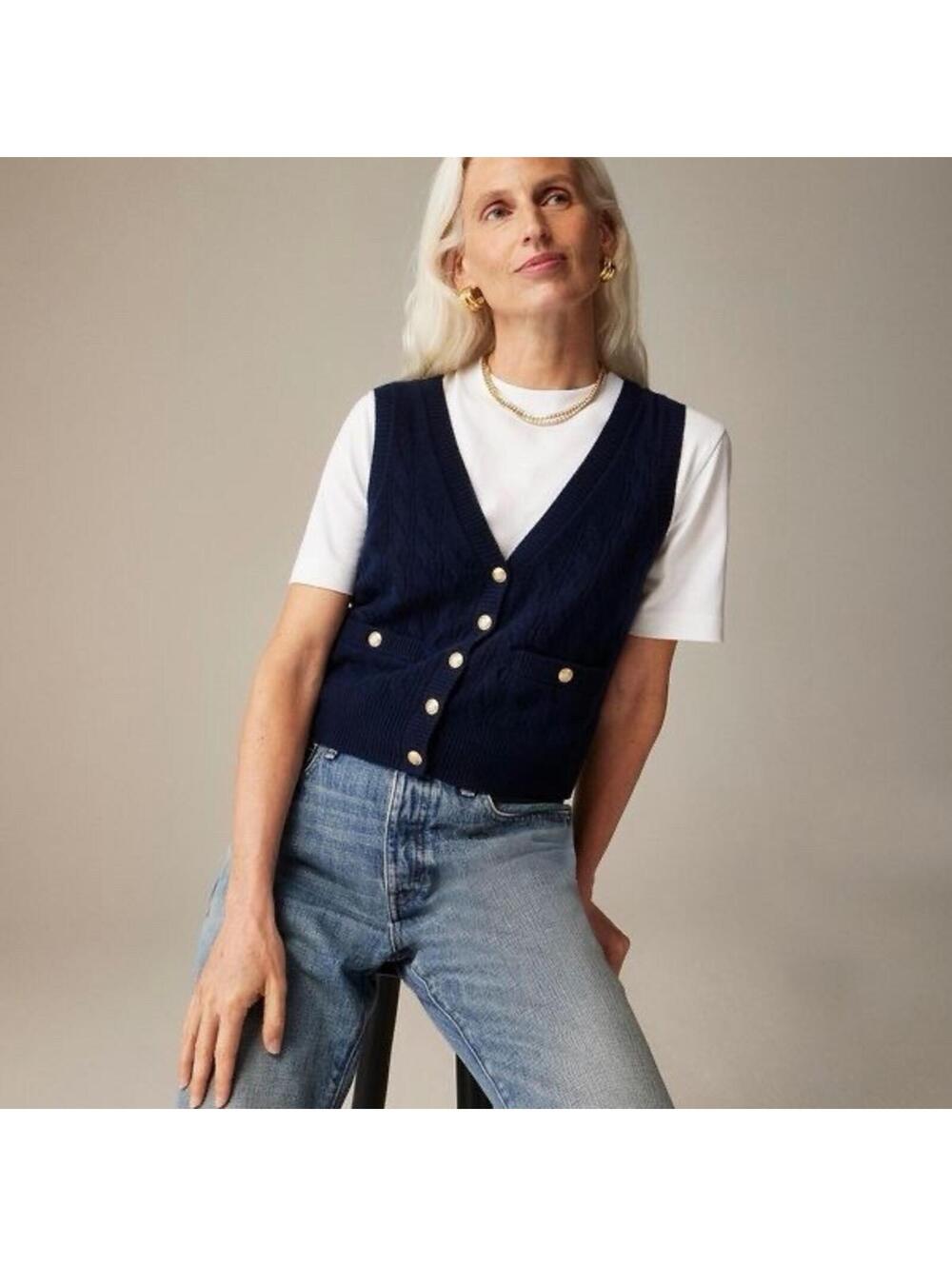 NWT J. Crew Cashmere Cable-Knit Sweater-Vest Navy Sz L Feminine Maximalist